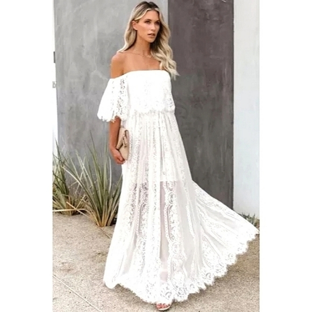 LAST ONE! Gorgeous White LILLIAN Off The Shoulder Boho Lace Bridal Maxi Dress - Picture 3 of 5